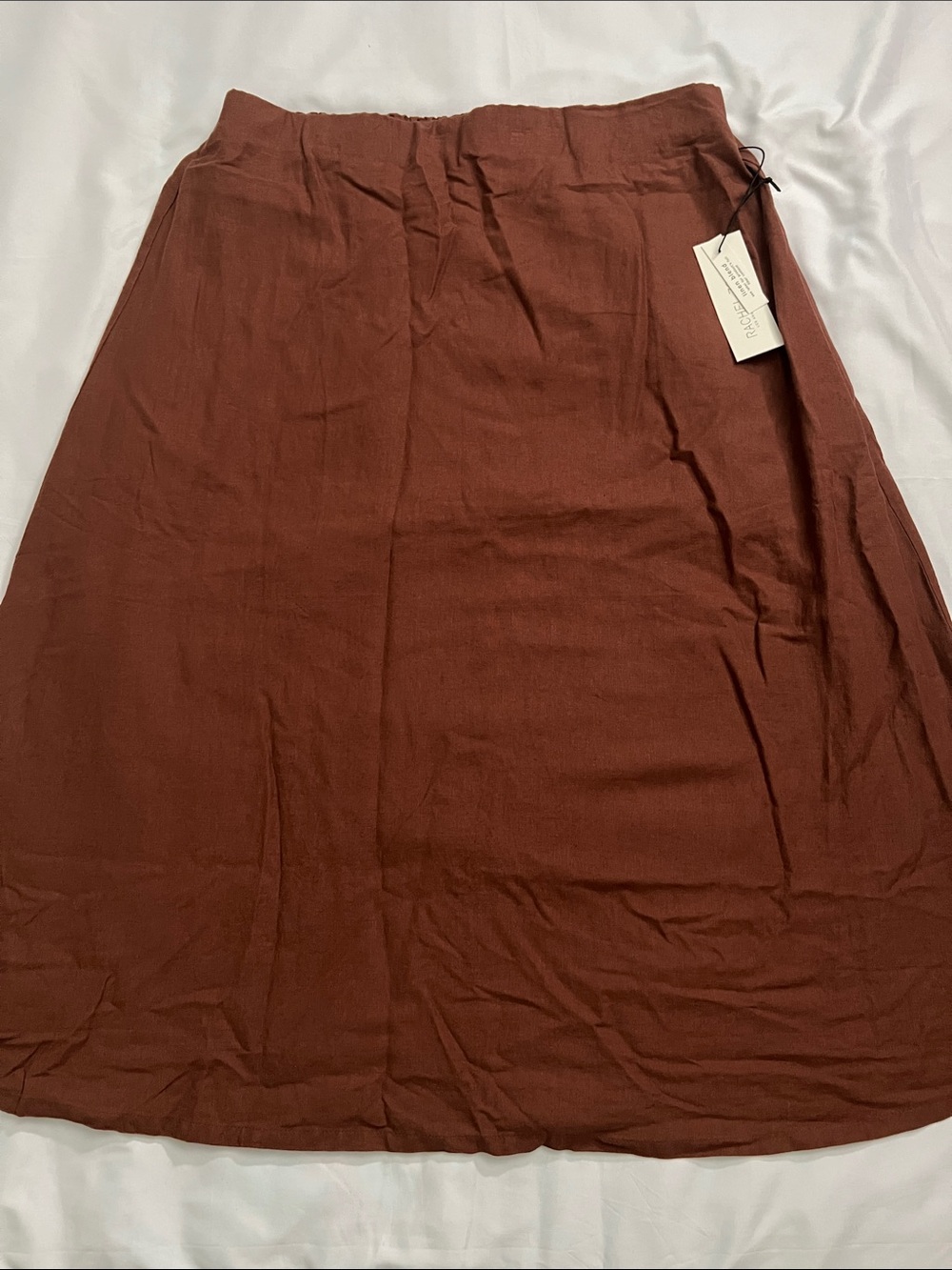 Rachel Zoe Linen Blend Midi Skirt XL Rust Brown Elastic Waist Lined - Picture 2 of 12